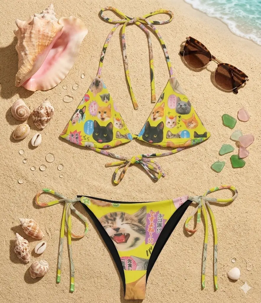 Y2K Cat Print Bikini, Kawaii Cyber Rave Recycled Fabric