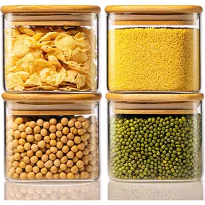 4 Pack Square Glass Jars with Bamboo Lids, Glass Food Storage Containers with Airtight Lids, Air Tight Pantry Storage Containers for Coffee, Sugar, Spice, Meal Prep Jars for Salad & Fruit