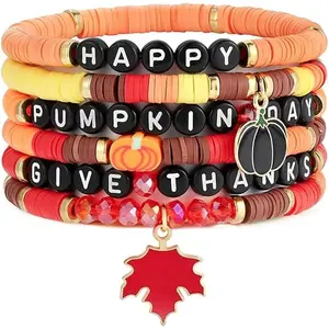 Thanksgiving Heishi Beaded Stretch Bracelets for Women Fall Costume Grateful Pumpkin Maple Leaves Stackable Polymer Clay Beads Bracelets Christmas Halloween