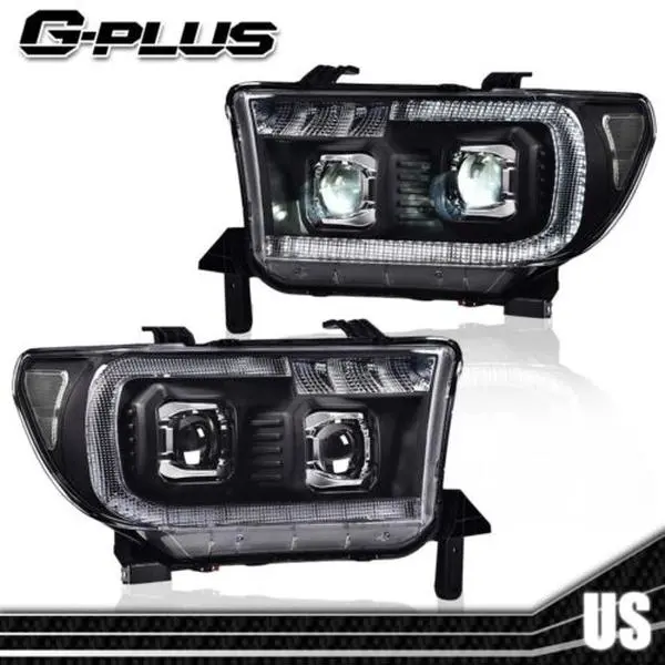 G-PLUS Pair of LED Tube Projector Headlights - Black/Clear LED Headlight Bulb Kit with Switchback Front Lights Assemblies & Components, Fixes Leveling Loss, for 2007-2013 Tundra & 2008-2017 Sequoia Car Exterior Upgrade, Led Front Lights