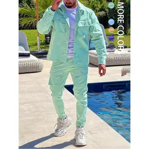 Men's Solid Button Pocket Lapel Neck Jacket & Drawstring Waist Cargo Pant Set, Co Ord Sets, Regular Fit Casual Fashion Cozy Breathable Outfits for Daily Outdoor Wear, Menswear for All SeasonsGift