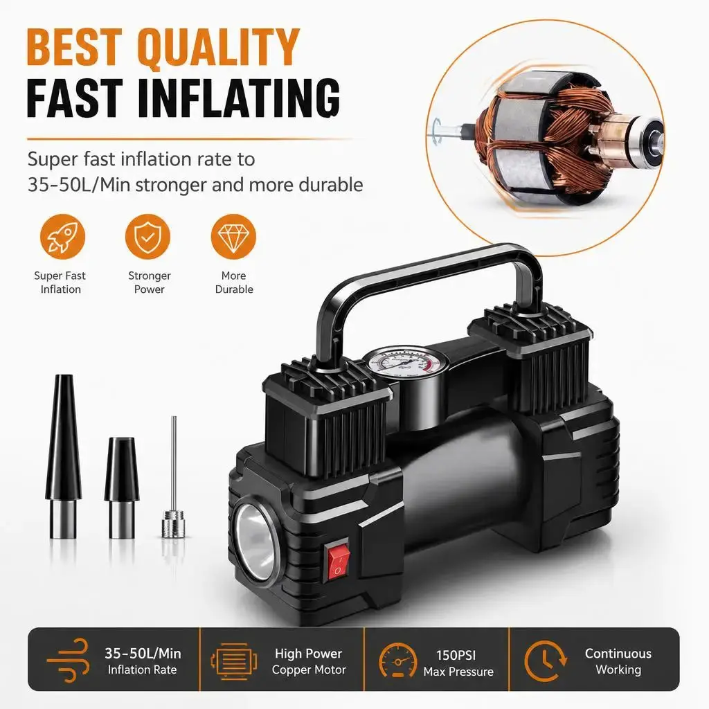 Heavy Duty 12V 19-Bar Portable Inflatable Pump Air Compressor Car Tire Inflator Electric Pump Auto with LED Light