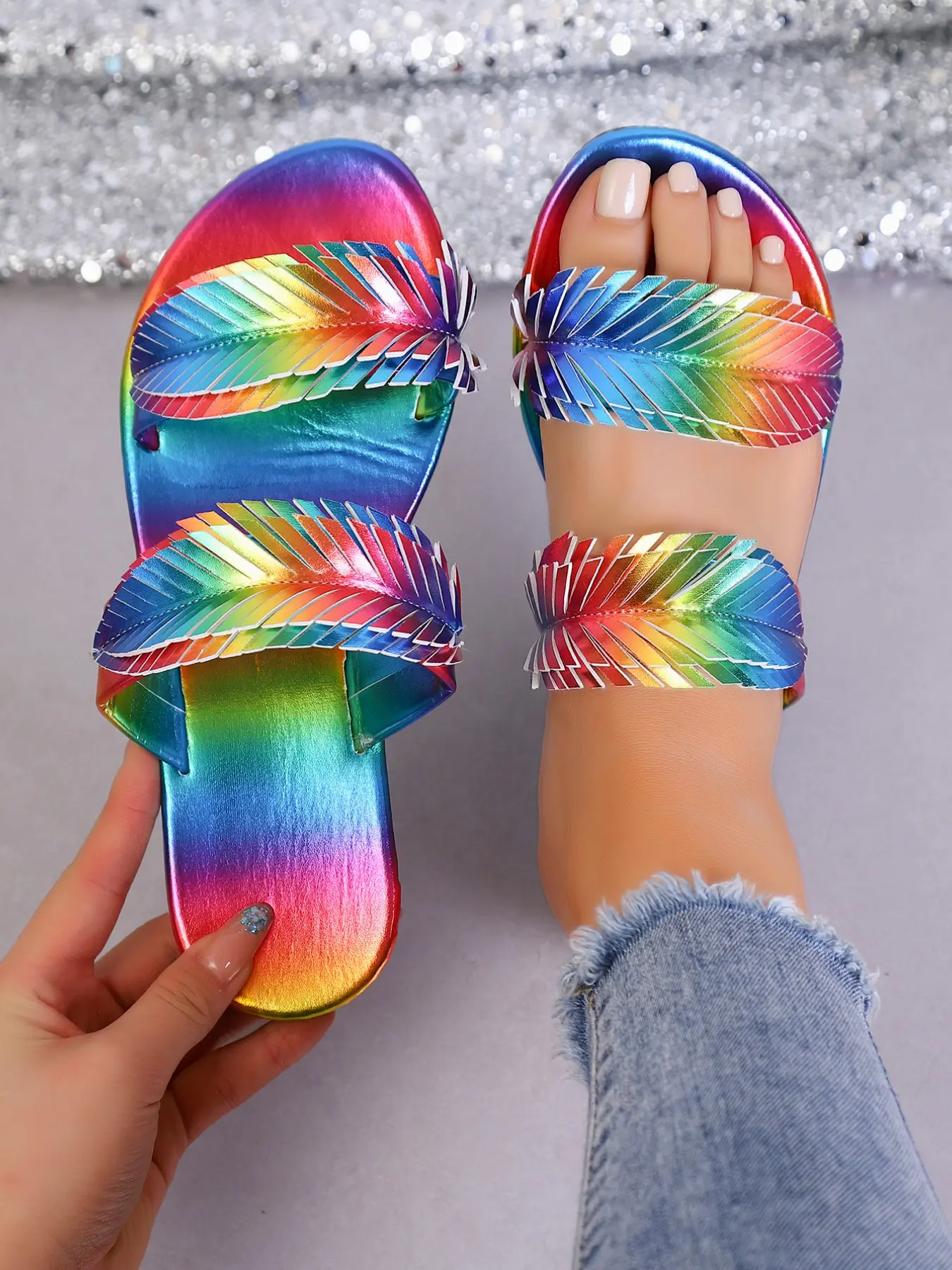 Casual Rainbow Laser Feather Decor Sandals, Flat Sole Summer Slippers, Daily Wear Comfortable Footwear, Stylish and Lightweight Design, Flat Slide Sandals, Chic Summer Footwear, Boho Style Sandals, Fashionable Sandals