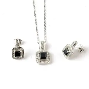 Square Halo Jewelry Set 925 Silver – 1mm Chain 16”+2” Ext CZ