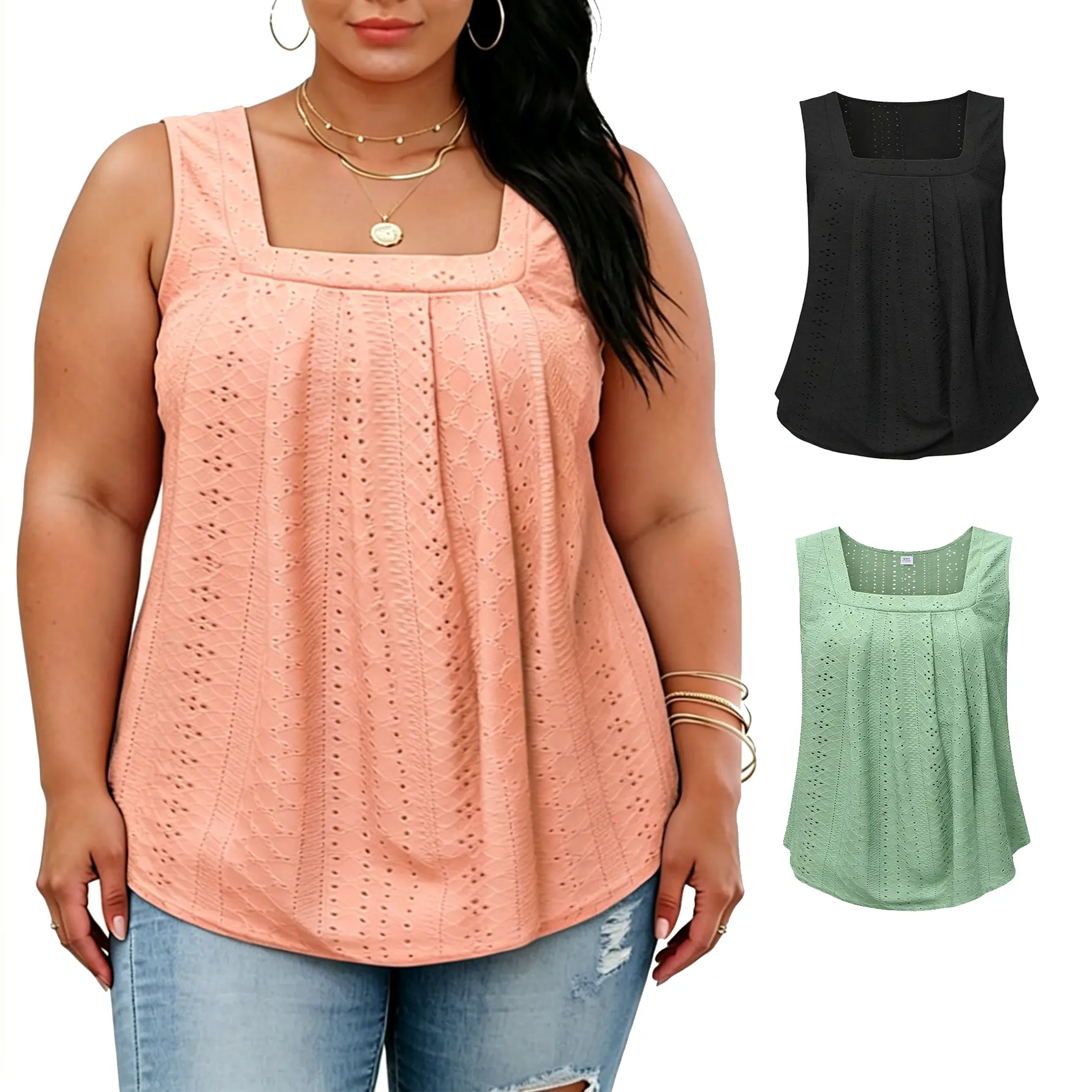 Women's Plus-Size Tank Tops - Square Neck, Eyelet Sleeveless, Loose Pleated, Lightweight Flowy Tunics, Chic Basic Breathable Fashion Basics, Vacation Tees, XL-5XL, RPS2078 (Pair with Jackets/Blouses)