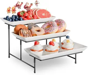3 Tier Plastic Serving Tray for Party, 11.5" x 5.6" Platters for Serving Food, Microwave-Safe, White Reusable Trays with Black Metal Display Stand for Cupcakes, Sevring Food, Dessert, Fruit, Black
