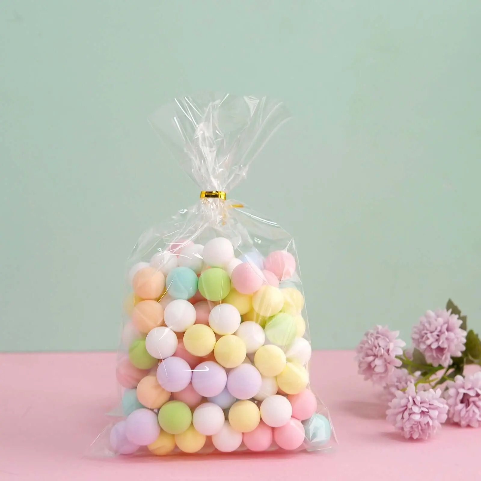 100 Pcs Clear Gift Goodie Candy Treat Bags and Gold Twist Ties 6"x10"