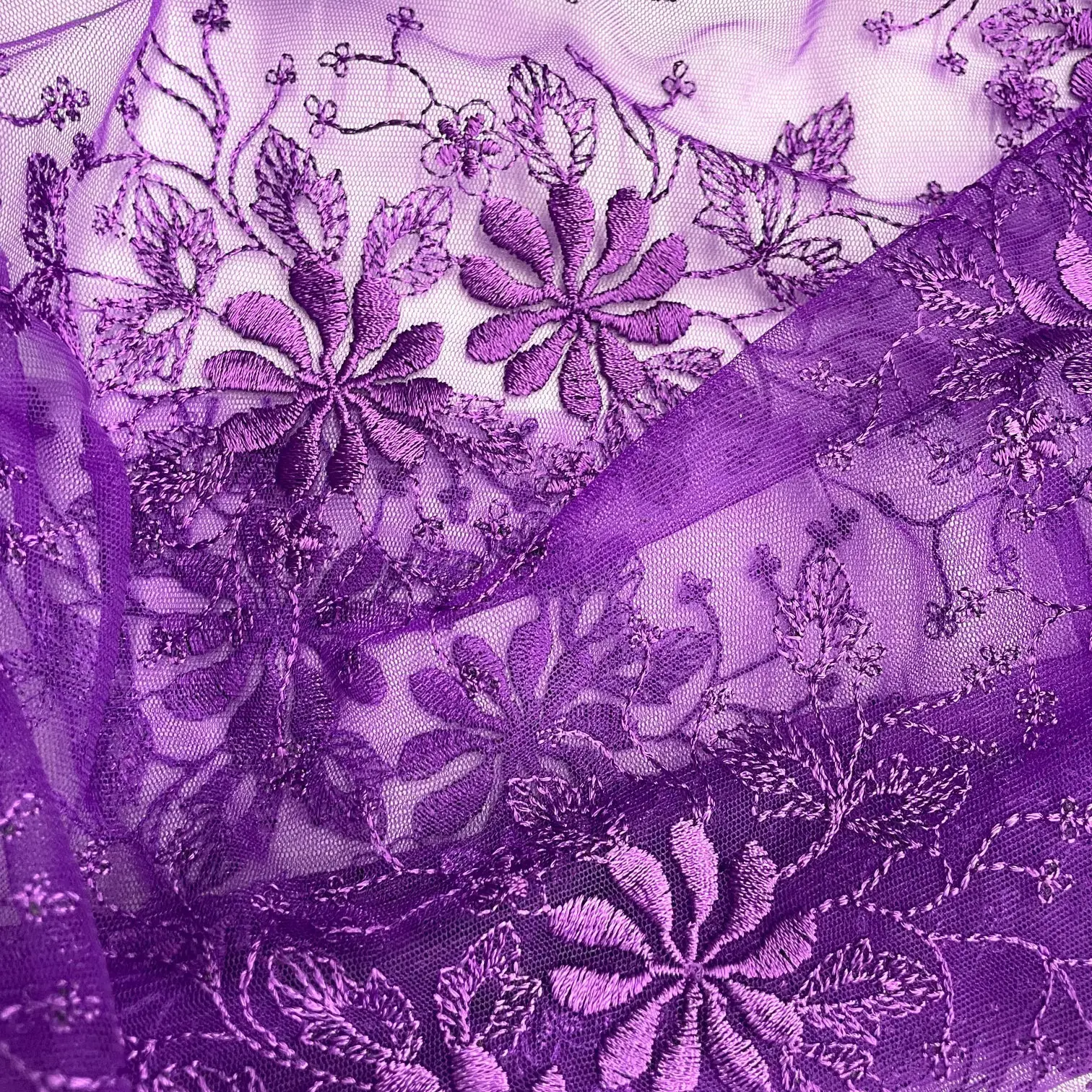 Embroidered Floral Motif Lace Fabric - 100% Polyester Net Mesh | Lace USA-41976W, Embroidered Lace