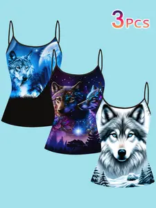 3-Piece Set Starry Wolf Totem Print Strapless Top, Wild Nature Landscape 3D Digital Print Slim Fit Sleeveless T-Shirt for Women, Summer Outerwear Innerwear