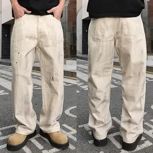 Dirty Washed Beige Baggy Jeans Men Wide Leg Straight Pants Man's High Street Wear