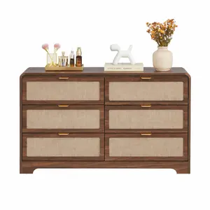 Giratree 4 5 6 Drawer Dresser for Bedroom, 48" Wide Curved Wooden Dresser with Natural Linen & Metal Handle, Mid Century Modern Chest of Drawers Closet Clothes Storage Organizer for Living Room, Walnut