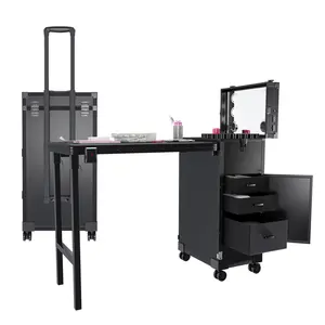 Premium Portable Folding Nail Art Table with LED Mirror & Bluetooth Speaker, Lockable Drawers and Adjustable Telescopic Pole, Multifunctional Foldable Manicure Workstation, Ideal for Home Use, Beauty Salon & Travel, Black Stylish Nail Desk for Professiona