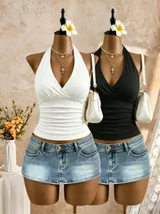 Two-Piece Halter Top Set, Back Tie Bow, Pleated Slim Fit V-Neck Sleeveless Vest, Women's Summer Club Streetwear