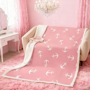 White Anchor Throw Blanket Ocean Sailboat Pink Bed Blanket for Kids Girls Women Adults Room Decor,Nautical Theme Blanket for Couch Sofa,Soft and Breathable Fleece Blanket