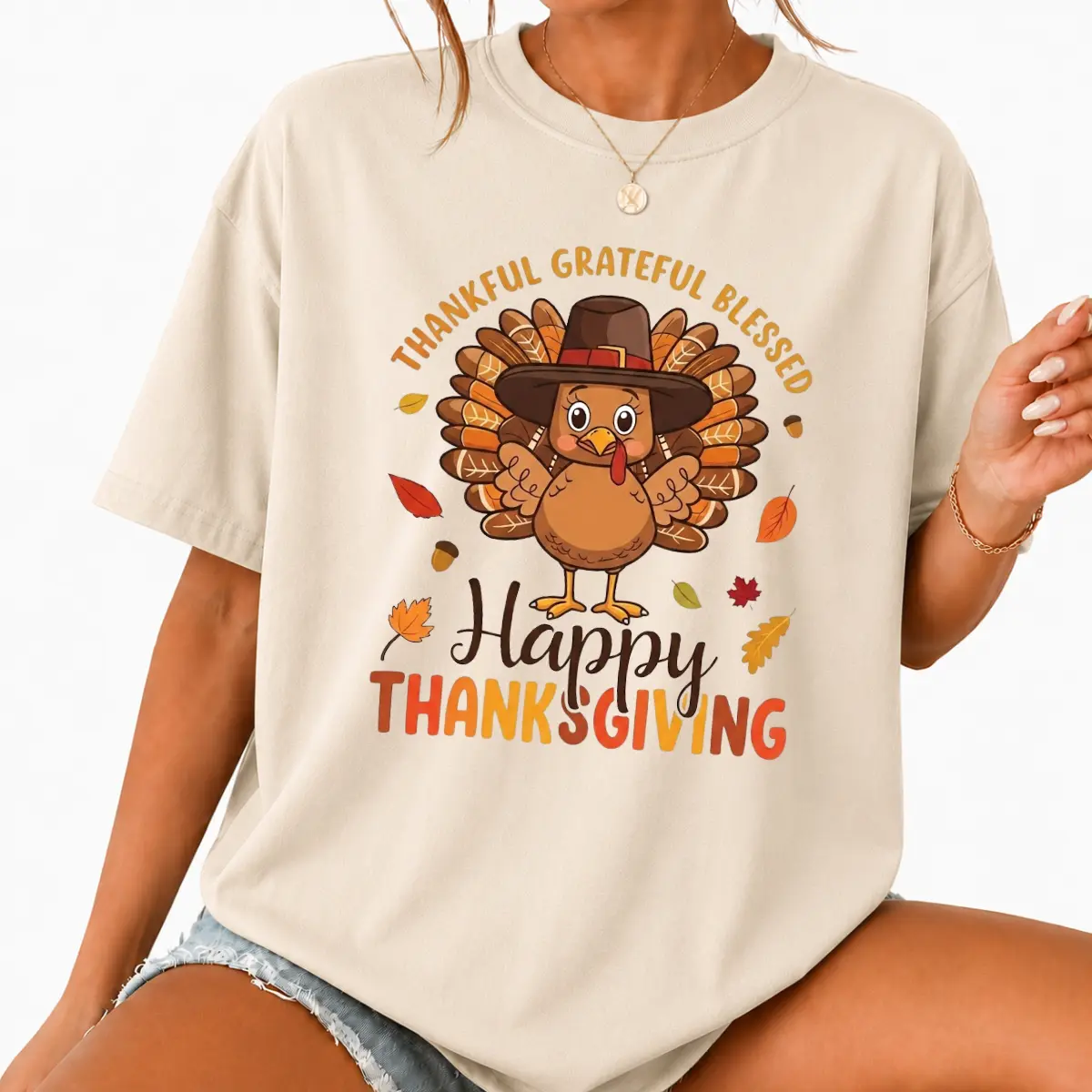 Thankful Grateful Blessed Turkey Graphic T-Shirt, Cute Pilgrim Hat Happy Thanksgiving Fall Leaves Tee, Sand Aesthetic Holiday Apparel, Front Chest Print, Perfect Gift For Women And Family
