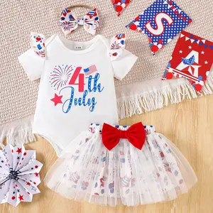 Newborn Baby Girl 3-Piece 1st 4th Of July Outfit Set - Short Sleeve Letter Romper, Star Tulle Tutu Skirt, Headband | Baby Stuff Gift Set