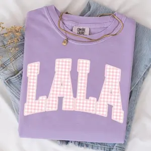 [Sale Up To 50%] Comfort Color Lala T-Shirt, Pink Gingham Lala Grandma Shirt Design, Coquette Varsity Lala Graphic, Lala Mothers Day Gift Sublimation, Gift For Mama
