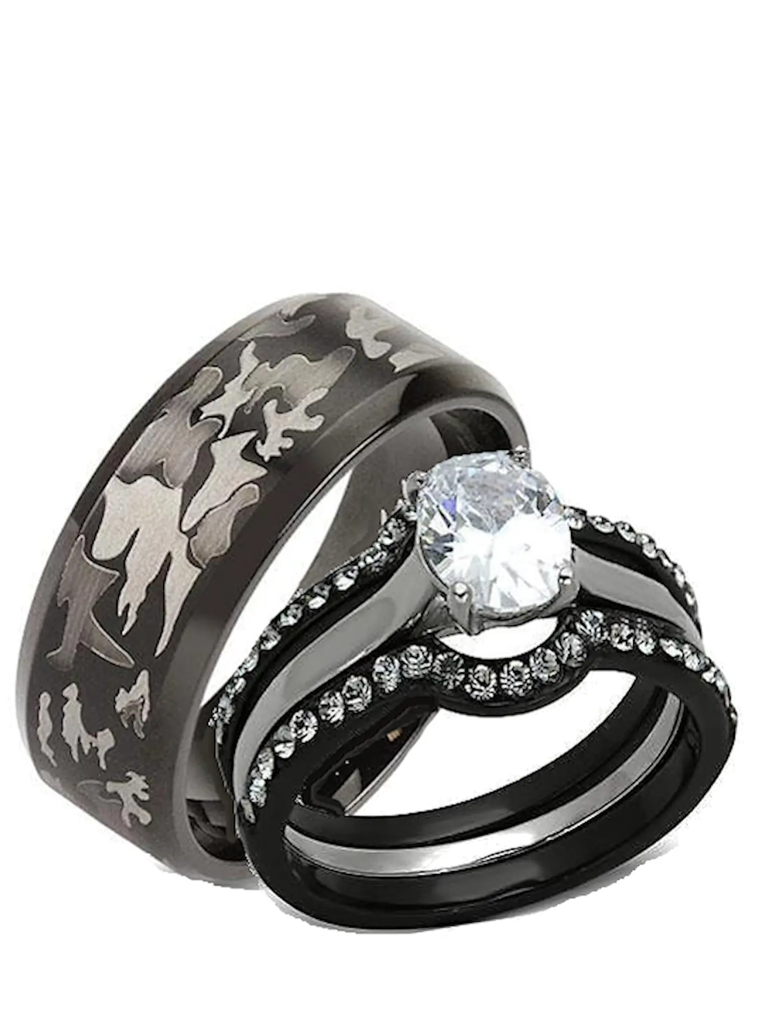 His Hers Women and Men 4 Piece Black Stainless Steel Wedding Ring Set Men's Camouflage Band