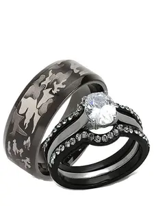 His Hers Women and Men 4 Piece Black Stainless Steel Wedding Ring Set Men's Camouflage Band