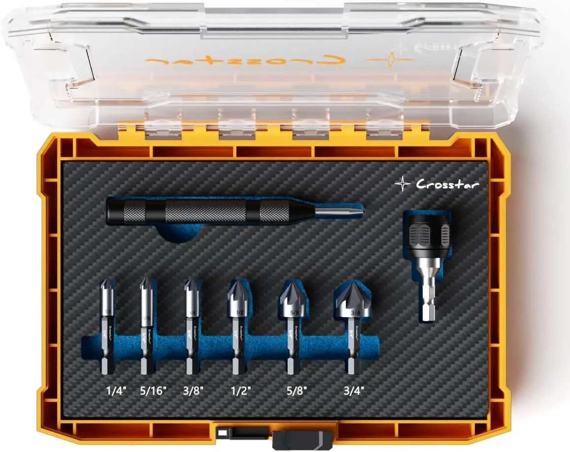 Crosstar Pro M35 Cobalt Countersink Drill Bit Set, 6-Piece 1/4"-3/4" Inches HSS TiAlN Coated, 1/4" Hex Shank, 5-Flute Design, Center Puncher, Quick-Change Adapter, Longer Life for Metal, Stainless Steel