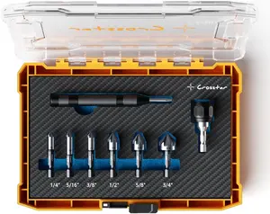 Crosstar Pro Cobalt Countersink Drill Bit Set, Titanium Aluminum Nitride Coated, 1/4" Hex Shank, 6-Piece (1/4" to 3/4") with Center Punch & Quick-Change Adapter for Metal, Stainless Steel