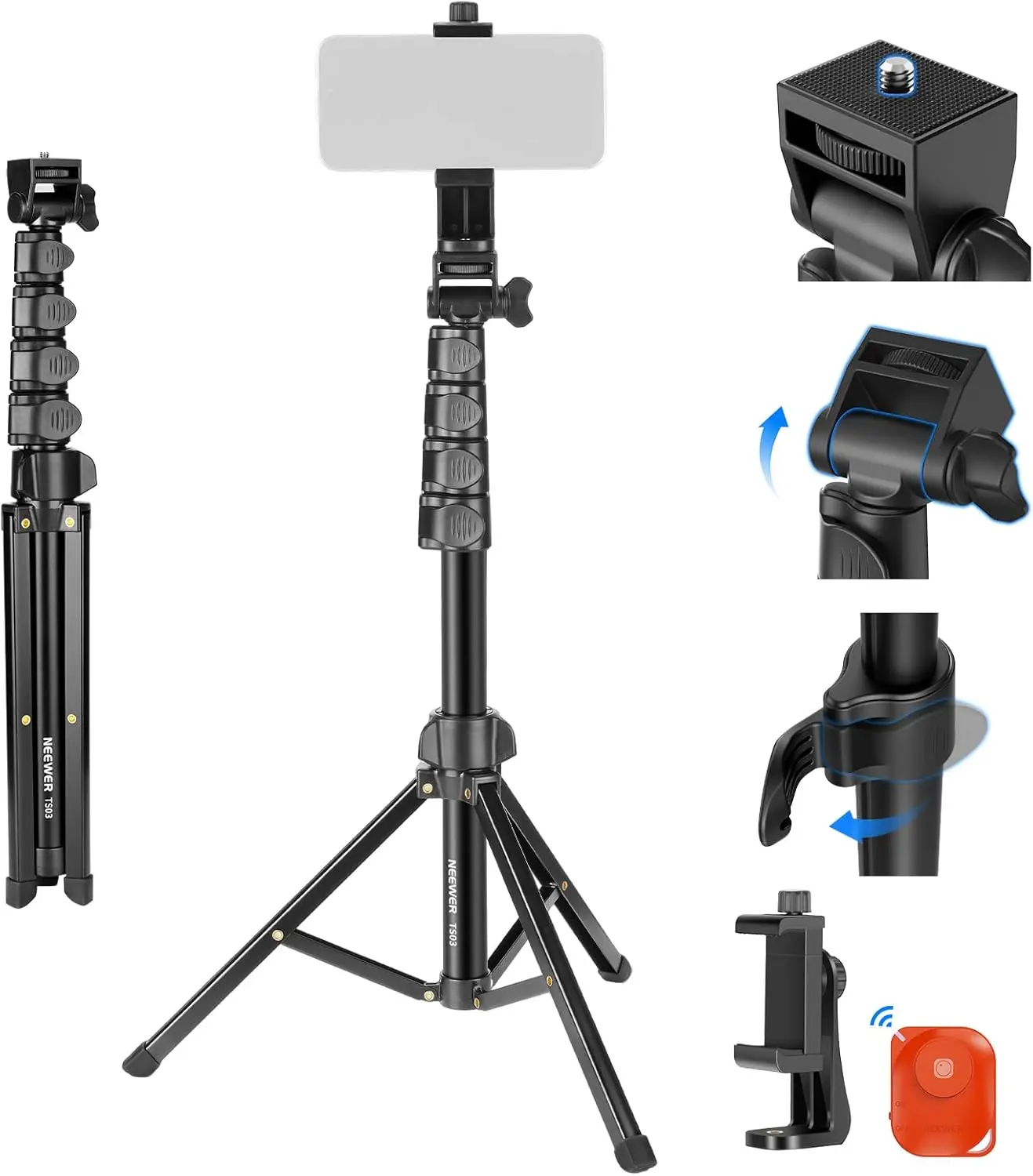 NEEWER Basic Phone Tripod for iPhone & Camera w/Remote & Phone Holder, 66" Metal Selfie Stick Travel Vlog Cell Phone Stand, Portable Camera Cellphone Holder Mount for Video Recording Filming, TS03
