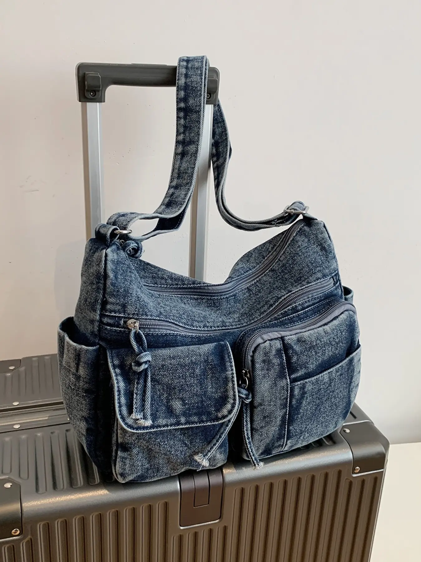 Vintage Washed Denim Crossbody Bag Adjustable Crossbody Shoulder, Y2K Style Large Capacity Hobo, Star Embroidery Multi-Pocket, Adjustable Strap, Unisex Streetwear
