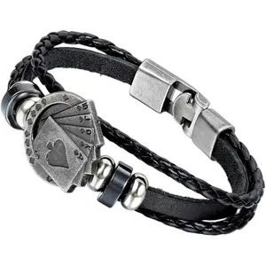 Men's  Alloy Biker Playing Card  Leather Bangle Wrap Cuff Bracelet, 8.7 inch