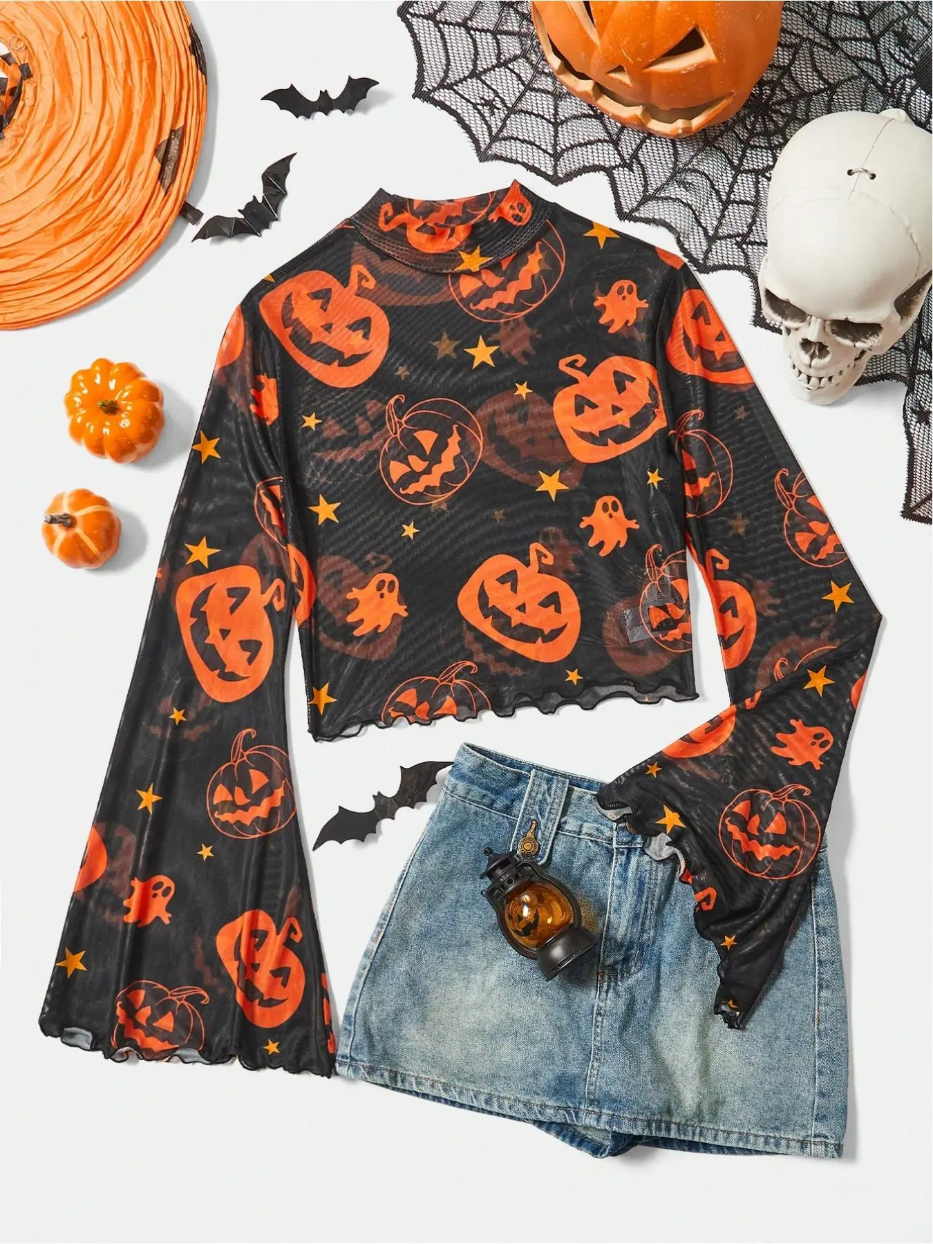 Women's Halloween Pumpkin Print Sheer Mesh Fabric Long Sleeve Top, Shirts, Fashionable Chic Micro Flare Design, Perfect for Fall & Winter