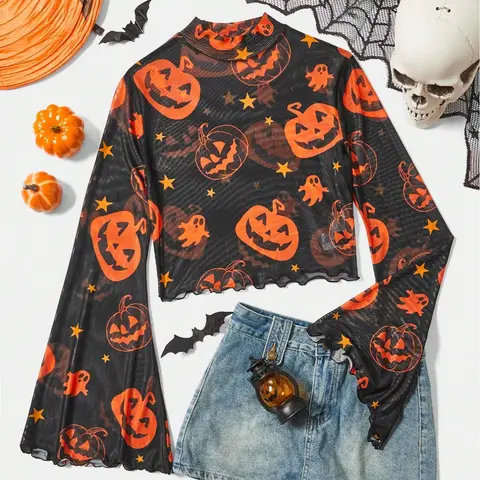 Women's Halloween Pumpkin Print Sheer Mesh Fabric Long Sleeve Fitted Top Shirts, Fashionable Micro Flare Design, Perfect for Fall & Winter, Chic, Summer