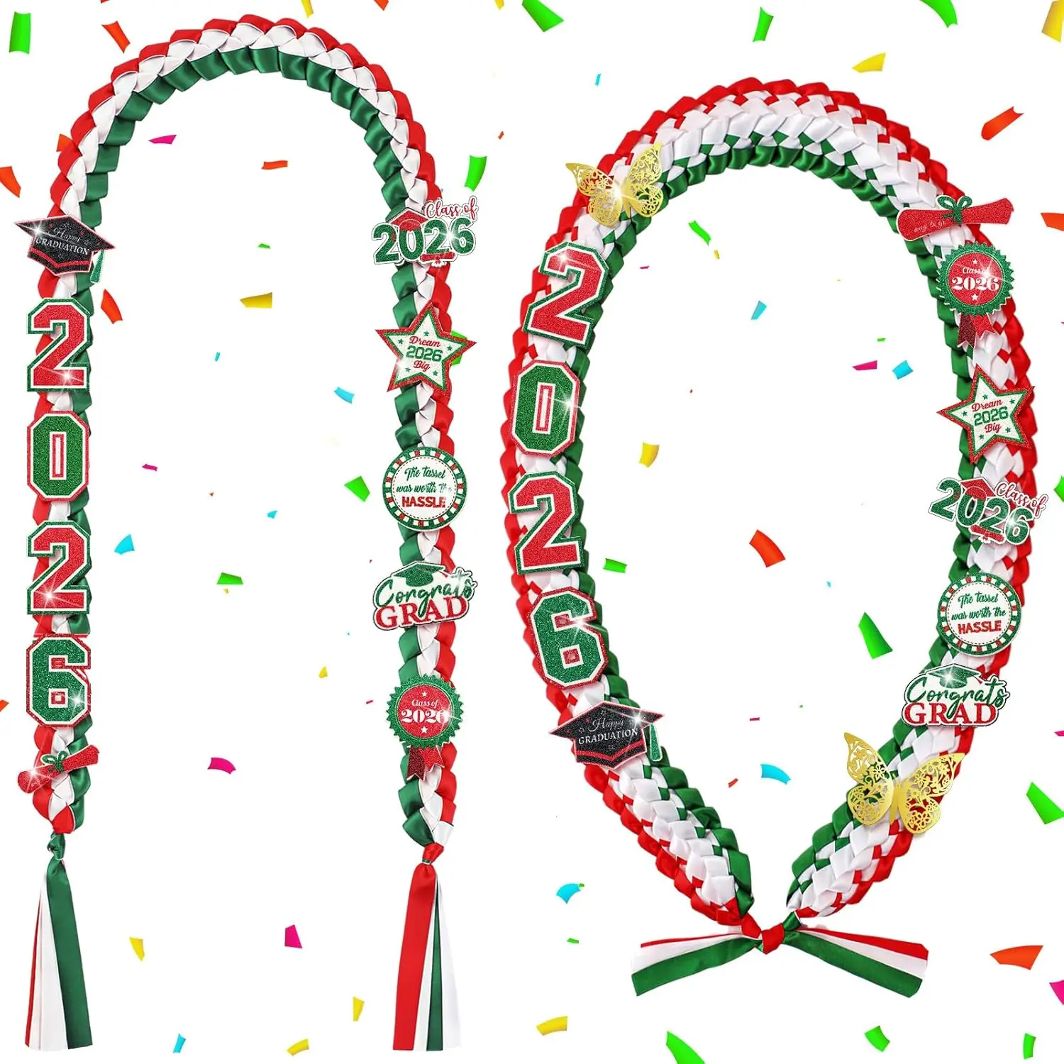 2pcs Graduation Leis Class of 2026 Mexican Money Ribbon Leis Graduation Necklace with Glittery Pins Braided Garland for Grad Gift High School University Ceremony DIY Decor