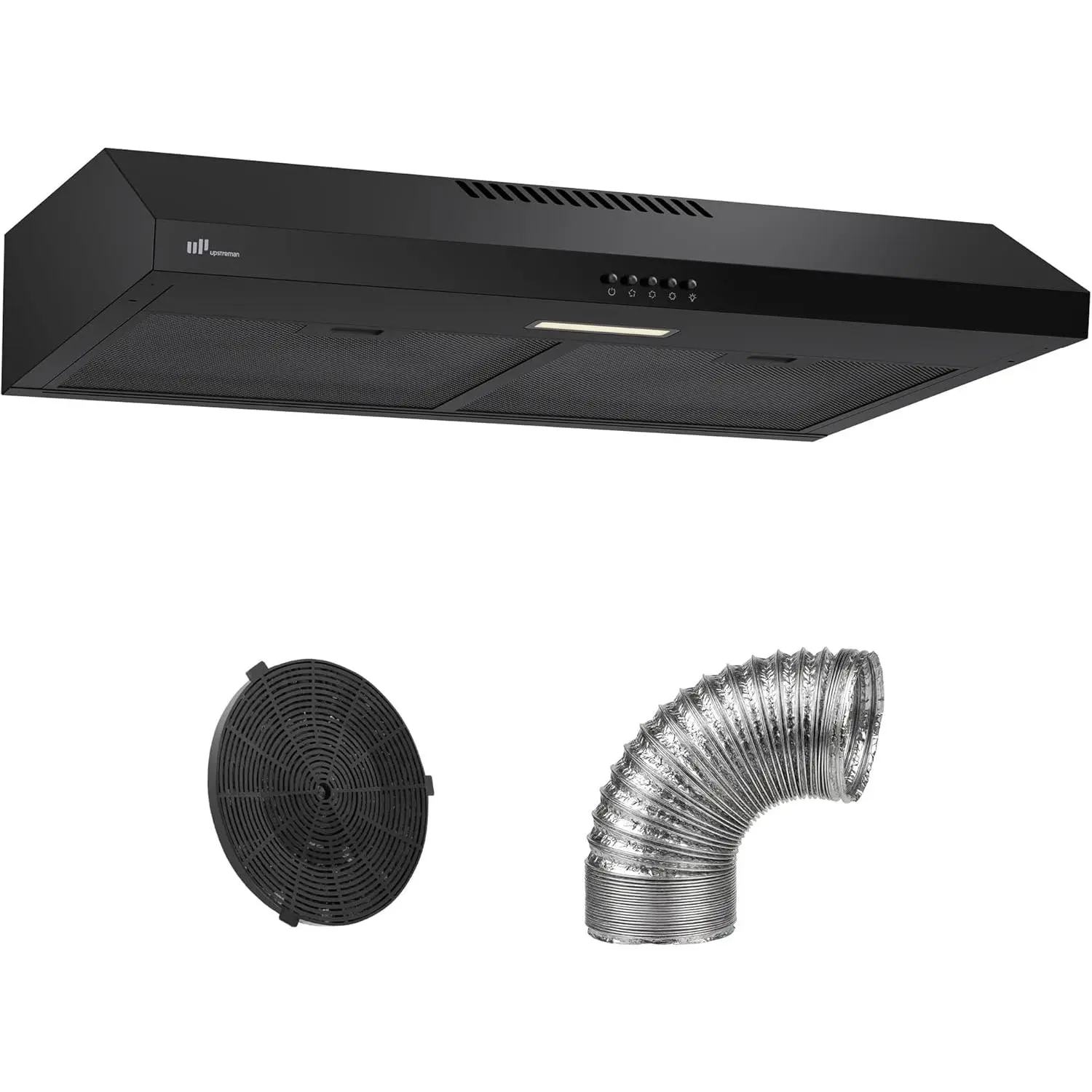 Upstreman 30-Inch Durable Stainless Steel Under Cabinet Range Hood, Kitchen Appliances with LED Lights, Button Control, 3-Speed Exhaust Fan, Ducted/Ductless Convertible, 3-Layer Aluminum Filters, Black-HU30