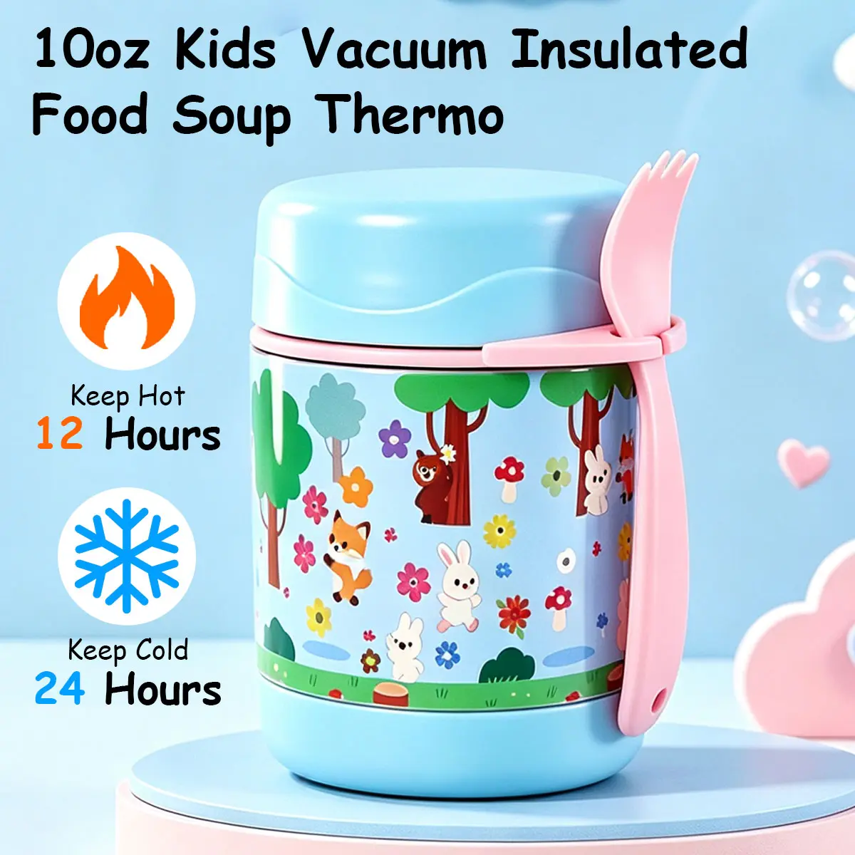10oz Kids Insulated Food Jar with Spoon, Stainless Steel Vacuum Food Thermos, Wide Mouth Leakproof Lunch Container for Hot & Cold Food, School Lunch, Back to School & Travel (Light blue)