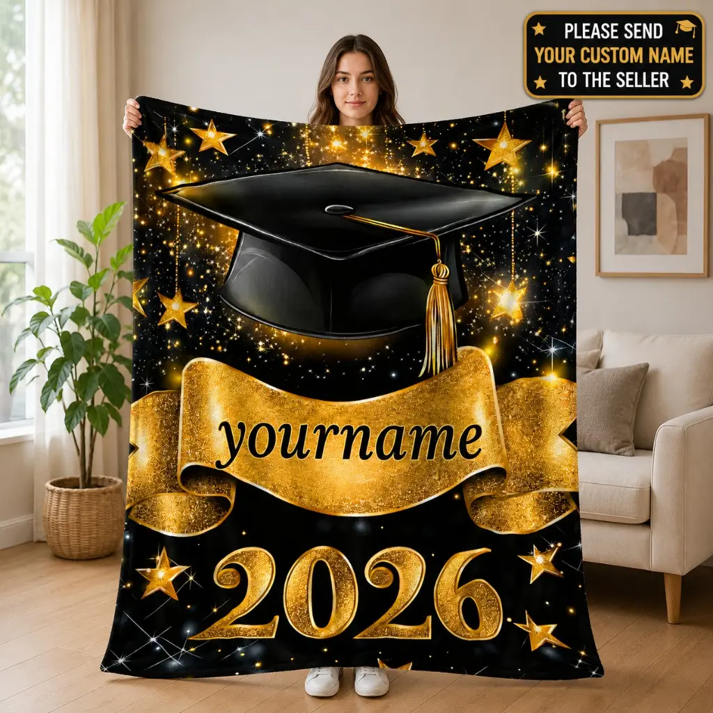 Custom Name Class of 2026 Graduation Blanket, Grad Cap Themed Throw, Lightweight Portable for Sofa/Travel