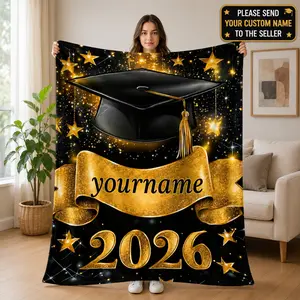 Custom Name Class of 2026 Graduation Blanket, Grad Cap Themed Throw, Lightweight Portable for Sofa/Travel