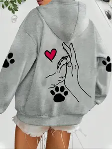 Women's Casual Hooded Sweatshirt with Dog Print, Loose-Fit Drawstring Pocket Design, Thick Fabric for All Seasons, Daily Wear & Holidays, Graphic Hoodies