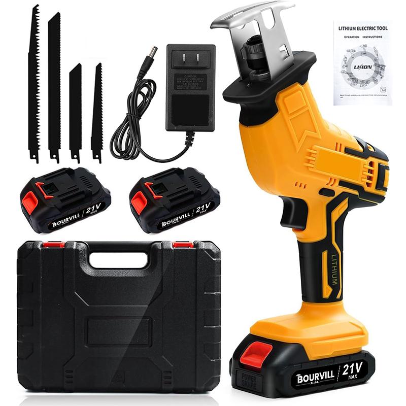 Cordless Reciprocating Saw with 2 Batteries & Charger, 4 Blades - Variable Speed, Ergonomic Grip, Lightweight , Self-Locking Chuck for Wood/ Metal/ PVC Cutting -Outdoor Garden DIY Tool, Modern Tool Design Home decoration