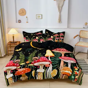 Mushroom Print Bedding Set, Includes 1 Fitted Sheet and 2 Pillowcases, Soft Comfortable Bedroom Decor, Cozy Fashion Sleep Space