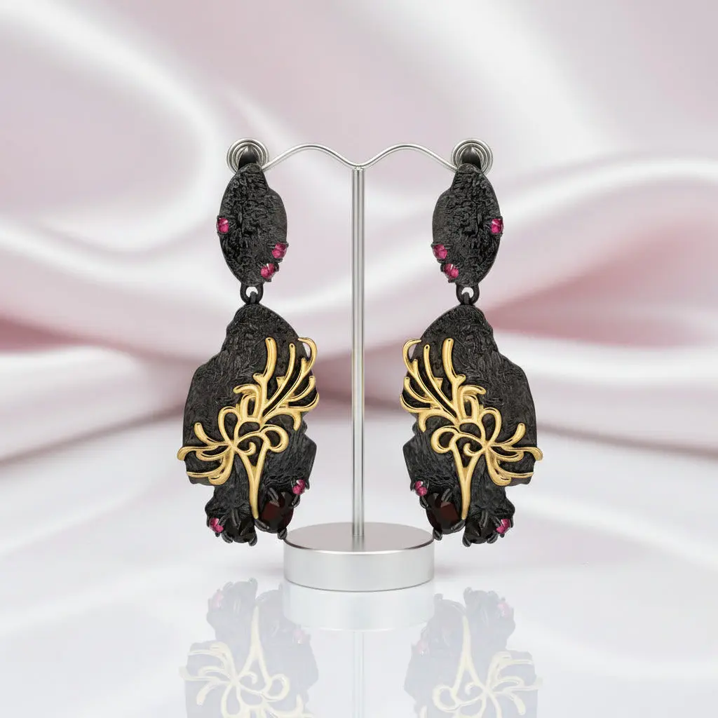 Black Garnet Equinox Flower Drop Earrings
