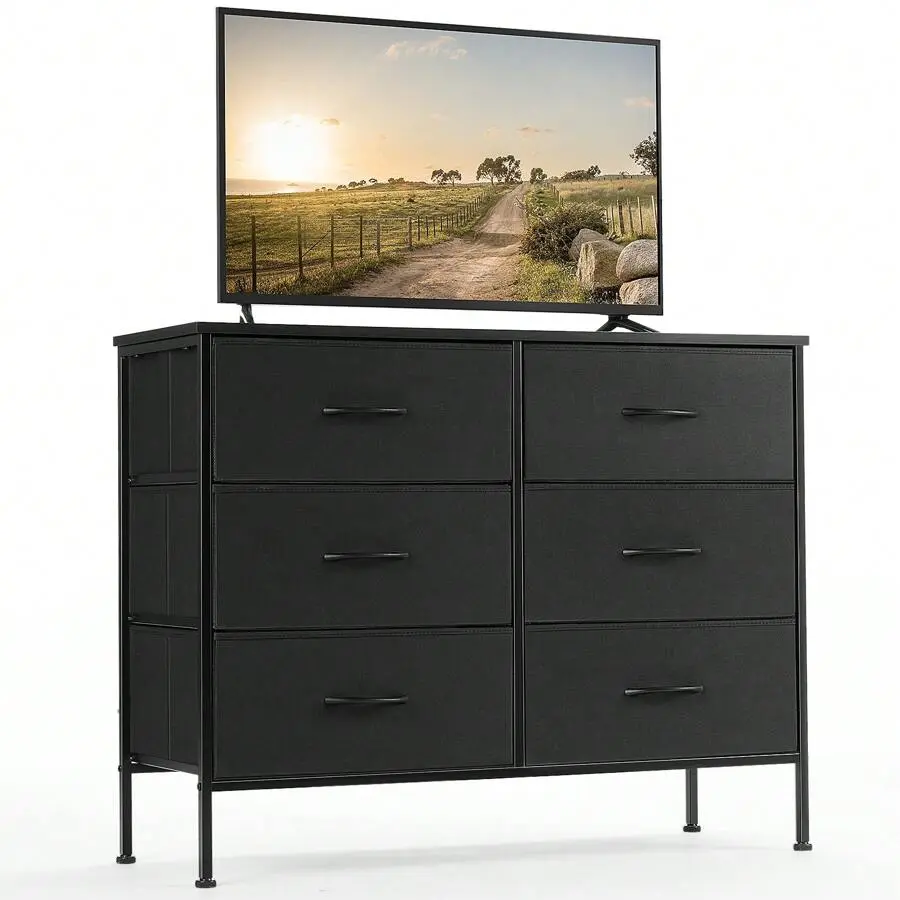 Classic 6-Drawer Wide Fabric Bedroom Storage Unit with Sturdy Metal Frame, Wood Top - Sturdy Chest for Baby, Kids & TV Wall Shelf, Baby Dresser, Kids Dresser, Above 25 Kg