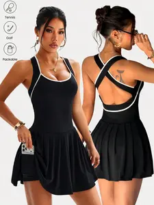 Women's Colorblock Pleated Sporty Dress, Tennis Athletic Dress, Cross Back Summer Tennis Skirt with Pockets, Slim-Fitting Casual Sports Clothing