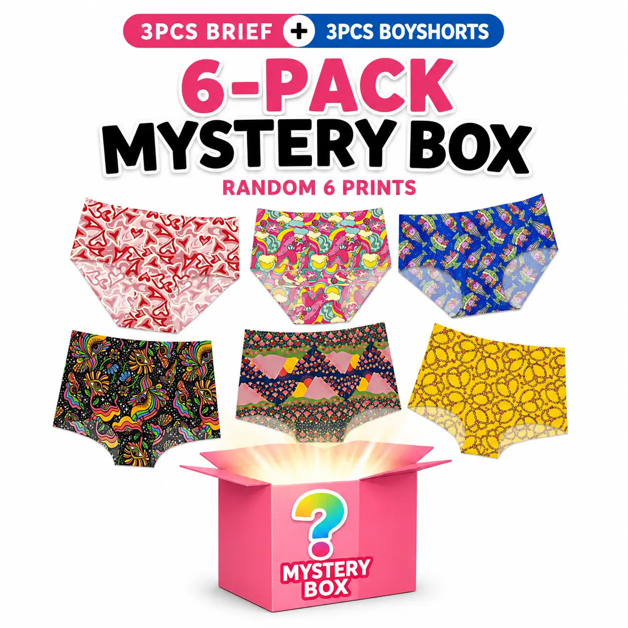 Women’s 6-Pcs Mystery Underwear Surprise Box - 3 Briefs, 3 Boyshorts, Nylon Blend, Seamless No-Show Stretch, Seamless Edge, Graphic Print, Mid Waist, Multi-Size XS–4XL, Random Designs