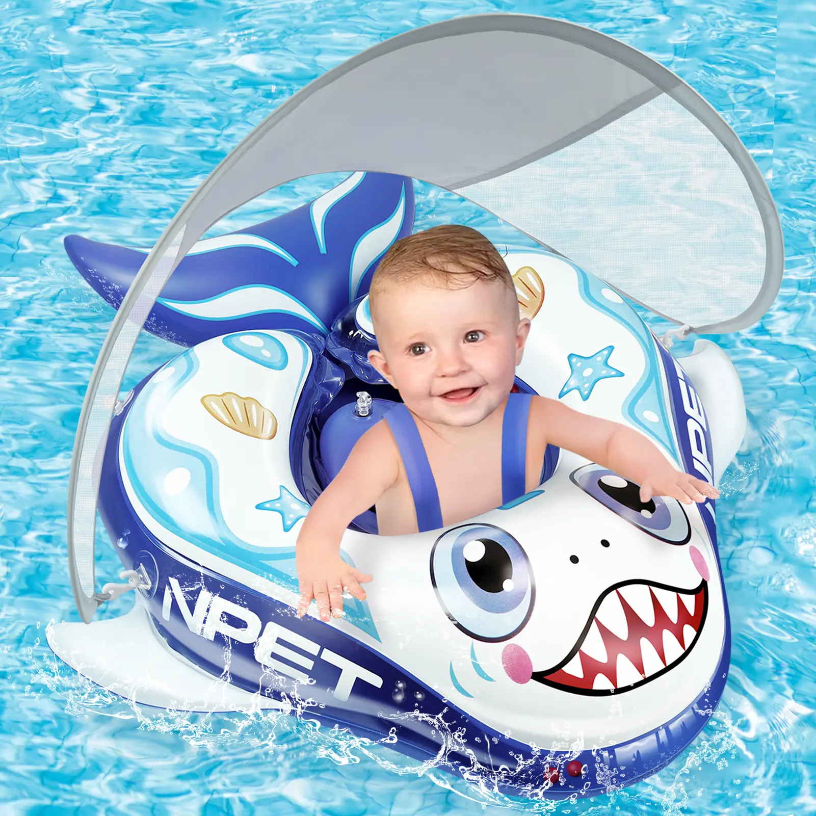 Npet Baby Pool Float with Shark Design and Sunshade for Safe and Fun Swimming