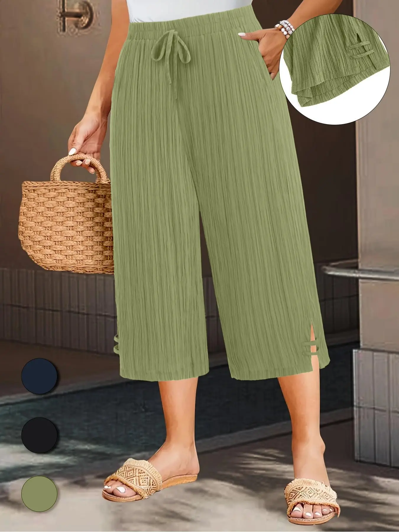Plus Size Solid Color Wide-Leg Capri Pants, Casual Comfy Summer Bottoms, Women's Chic Lounge Pants for Daily Wear, Casual Chic Trousers