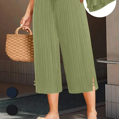 Plus Size Solid Color Wide-Leg Capri Pants, Casual Comfy Summer Bottoms, Women's Chic Lounge Pants for Daily Wear, Casual Style Bottoms