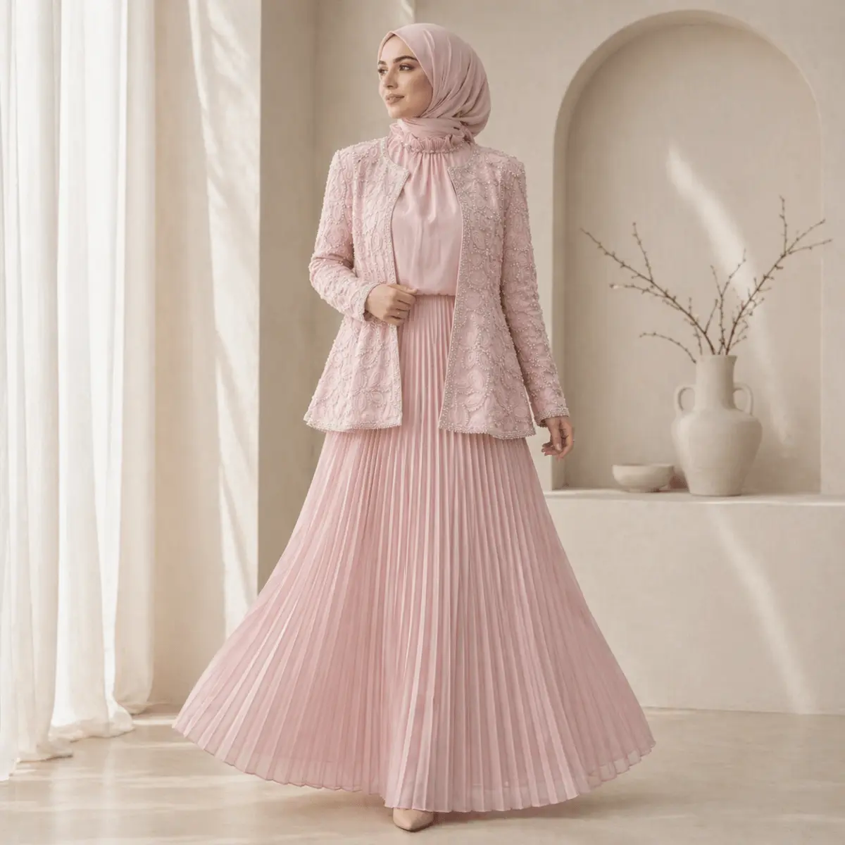 Women's Modest Fitted Muslim Chiffon Maxi Dress Set (MS401) - Long Sleeve Jacket Included, Pearl Beaded, Rose Floral Embroidery, Elegant Blush Pink, Figure-Flattering, High Neck, Cuff Sleeve, Evening Wear, Engagement Attire