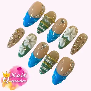 Nail Queendom[BLUE DYNASTY] Handcrafted 3D Press-On Nails Reusable Long Lasting Salon Quality Easy Application 10 Pieces Set Eco-Friendly 3D-gel Finish