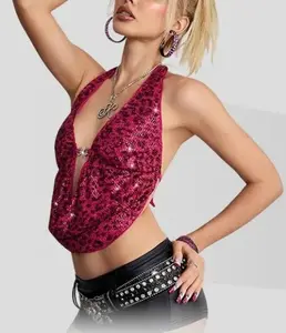 Leopard-print Sequin Top Y2K Tie-front Backless Crop Tops Halter Neck Tank Top Women Streetwear Trend Design Club Party T-shirt