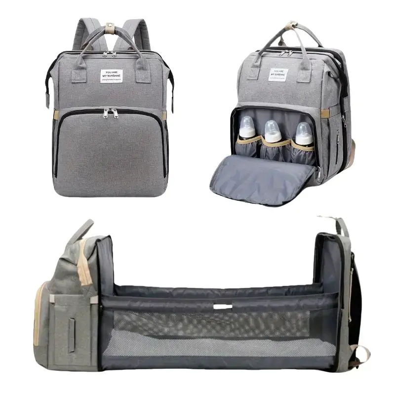 Fashionable Mommy Bag Folding Baby Bed Mother Large Capacity Portable Milk Bottle Diaper Double Shoulder Mom's Bag