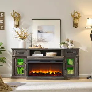 3-Side Fireplace TV Stand for up to 80 Inch TV, LED Entertainment Center with 36 Inch Electric Fireplace, Farmhouse TV Console Table w/Drawers & Cabinets for Living Room, Dark Rustic Oak